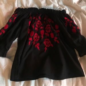 Black, off the shoulder embroidered top